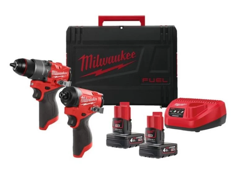 Milwaukee Zestaw 12V Wiertarko-wkrętarka FPD2 + Zakrętarka udarowa FID2 z 2 akumulatorami 4Ah