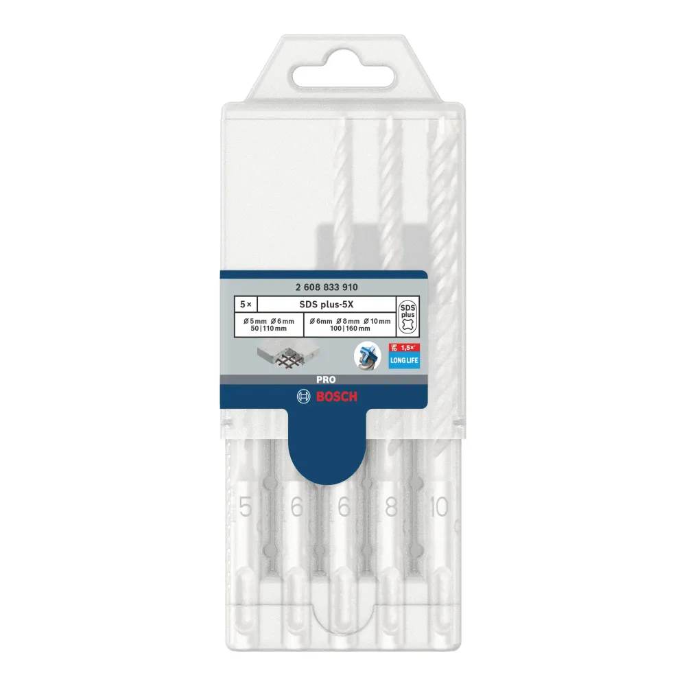 Zestaw wierteł udarowych Bosch PRO SDS Plus-5X 5 szt. 5 / 6 / 8 / 10 mm ( 2608833910 ) do młotów udarowo-obrotowych Bosch...
