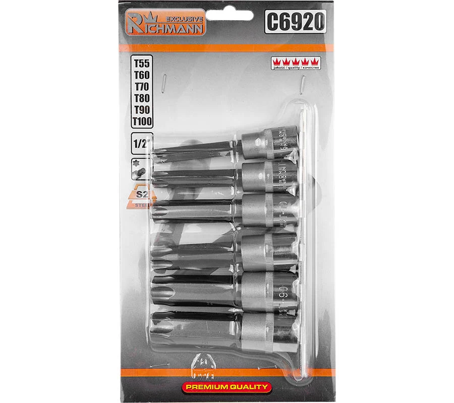 Nasadki trzpieniowe torx T55-T100 100 mm 1/2" zestaw 6 szt. na listwie | C6920