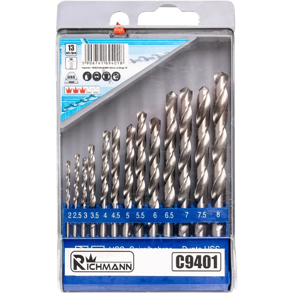 Wiertł do metalu 2-8 mm 13 elem. plastikowe pudełko | C9401