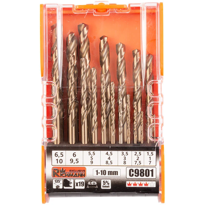 Wiertł do metalu kobaltowe 1-10 mm 19 elem. plastikowe pudełko | C9801
