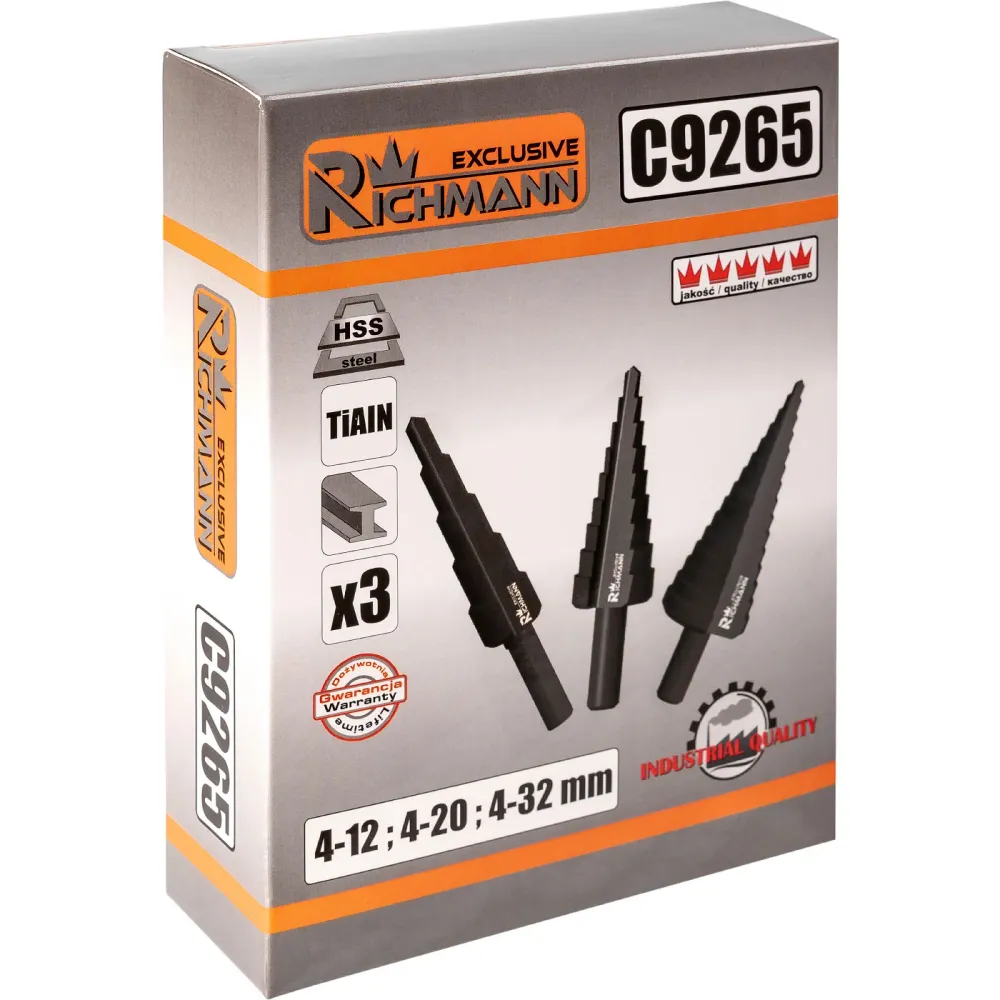 Wiertł stopniowe do metalu 4-32mm 3 elem. alu. pudełko | C9265