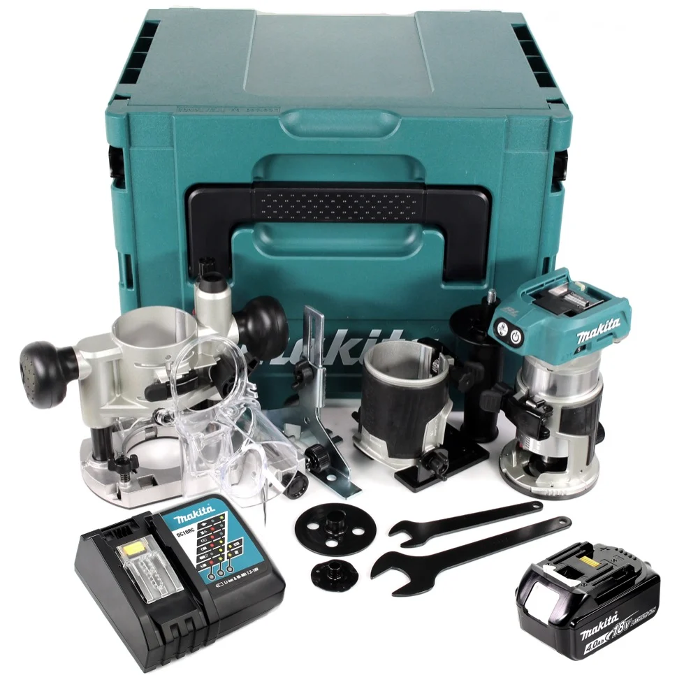Akumulatorowa, bezszczotkowa, wielofunkcyjna frezarka górnowrzecionowa Makita DRT 50 RM1J X2 18 V Li-Ion w zestawie Makpac...