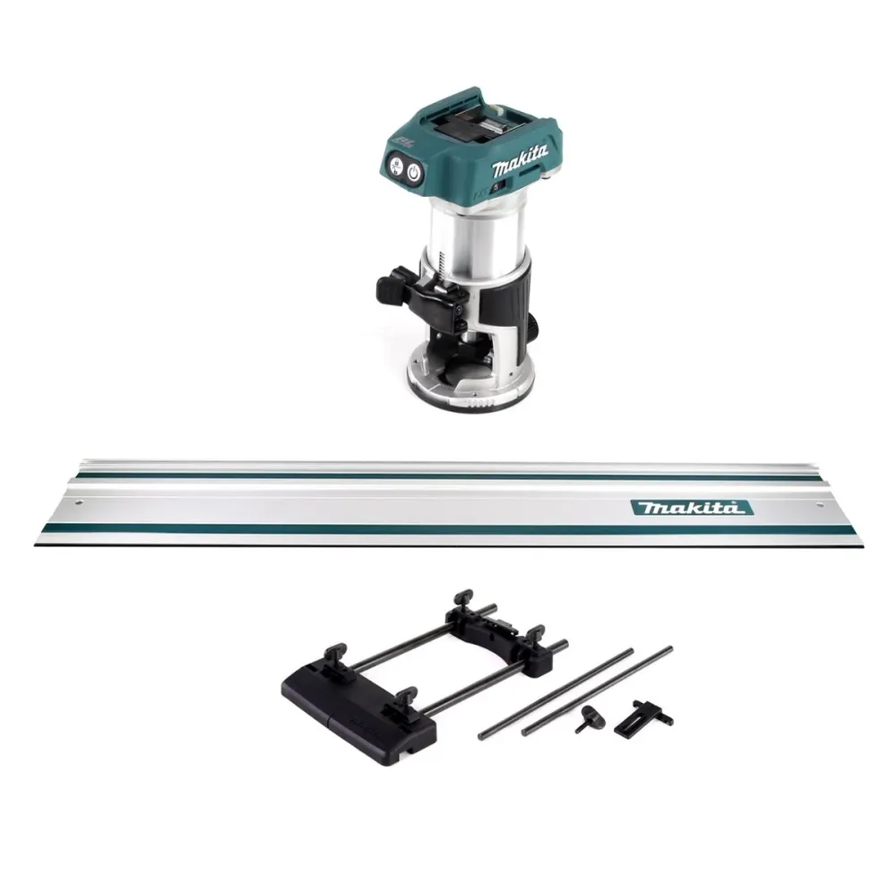 Akumulatorowa frezarka wielofunkcyjna Makita DRT 50 Z 18V Brushless Solo + adapter szyny prowadzącej + szyna prowadząca 10...