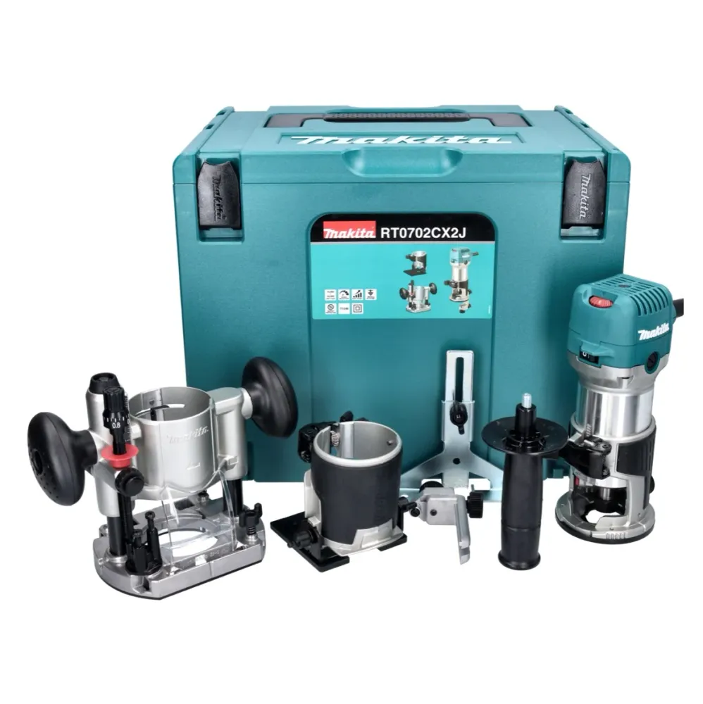 Makita RT 0702 CX2J Wielofunkcyjna frezarka górnowrzecionowa 710 W 6/8 mm + moduł frezarki górnowrzecionowej + moduł freza...
