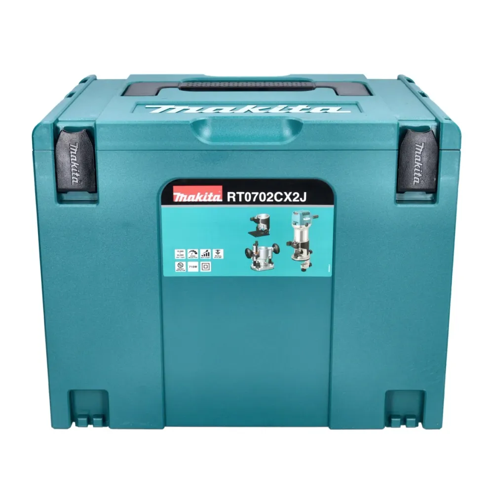 Makita RT 0702 CX2J Wielofunkcyjna frezarka górnowrzecionowa 710 W 6/8 mm + moduł frezarki górnowrzecionowej + moduł freza...
