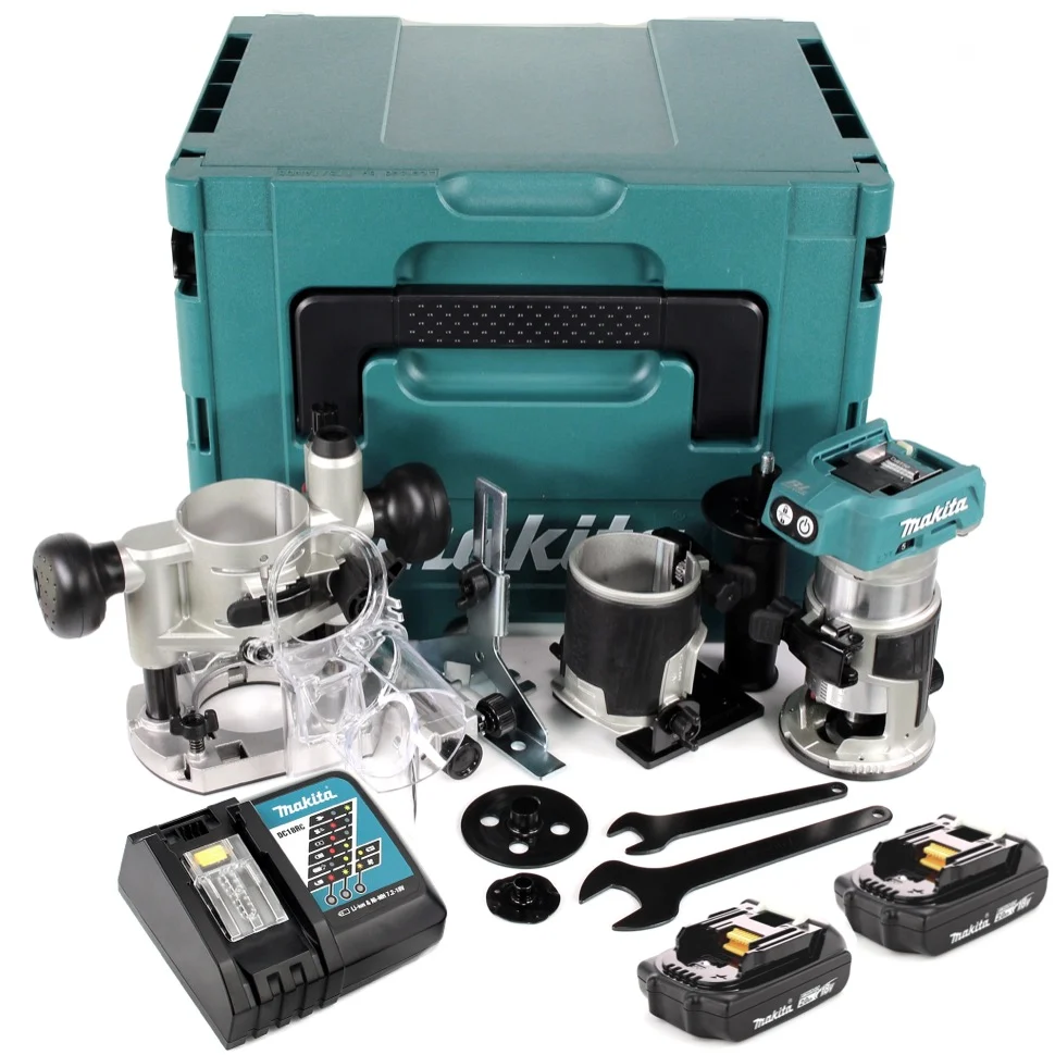Makita DRT 50 RAJ X2 wielofunkcyjna frezarka akumulatorowa 18 V bezszczotkowa + 2x akumulator 2.0 + ładowarka + moduły fre...