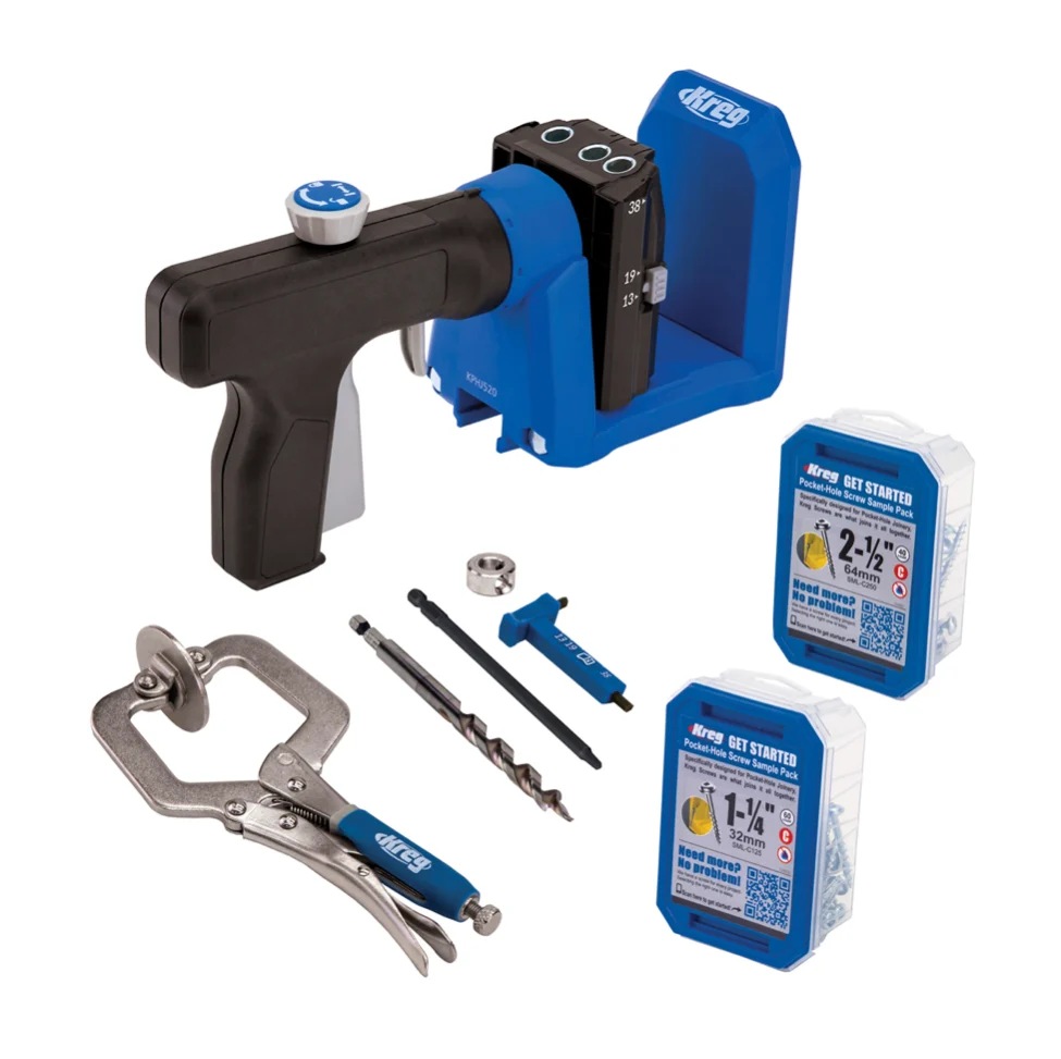 KREG Pocket Hole Jig 520 PRO przyrząd do wiercenia otworów pod kieszeń (KPHJ520PRO) + wiertło stopniowe + bit + śruby + za...