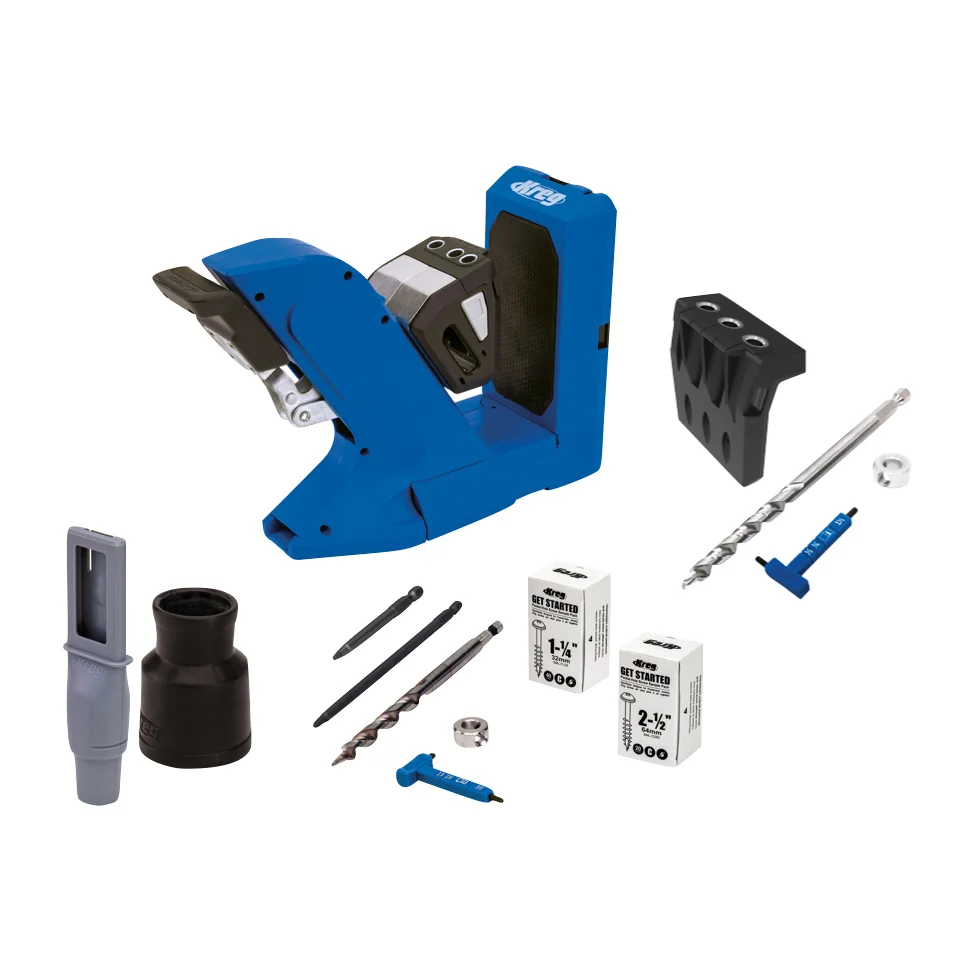 KREG Pocket Hole Jig 720 szablon do wiercenia otworów pod kieszeń + mikrowiertarka + wiertło stopniowe + bit + wkręty