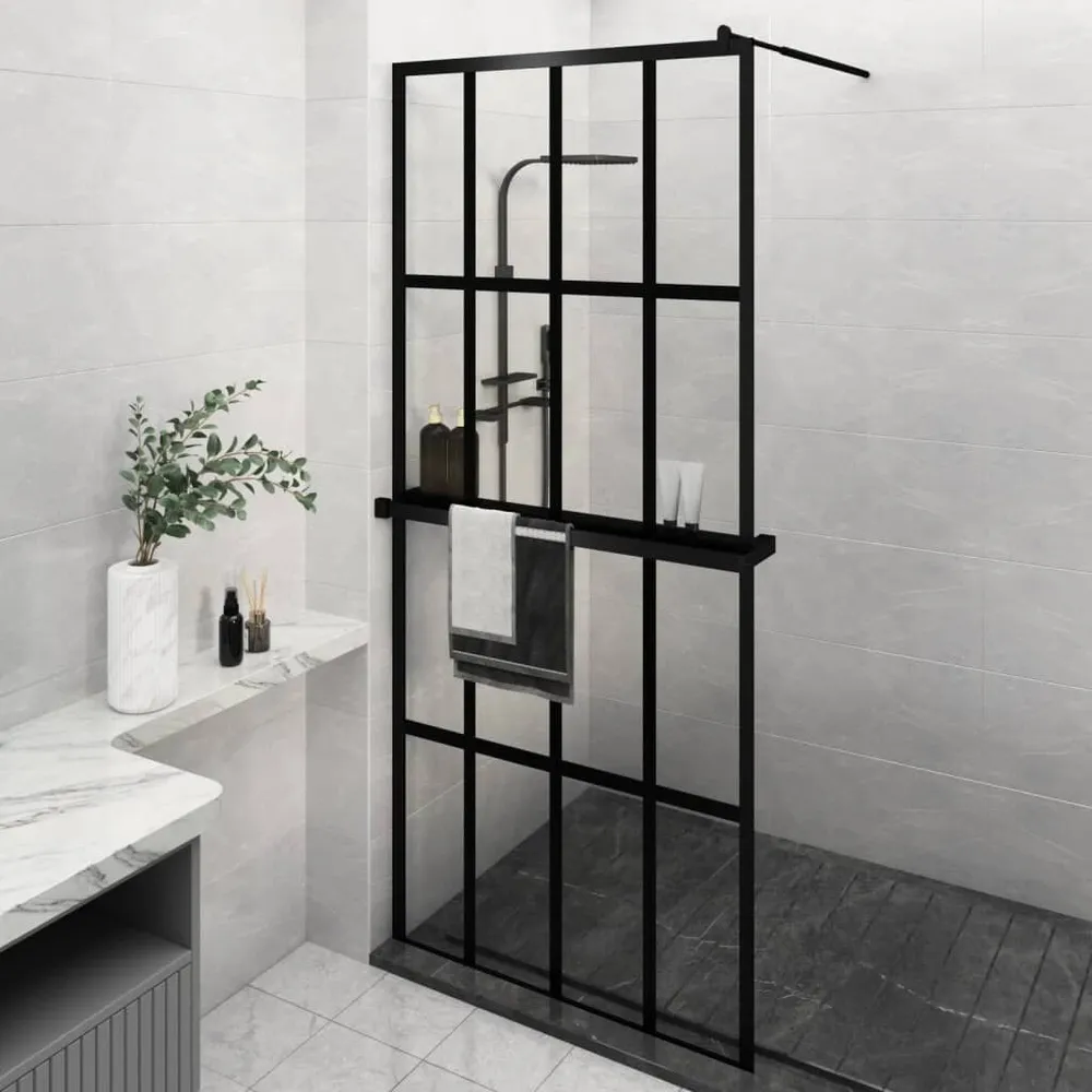 Inloopdouchewand met schap 100x195 cm ESG-glas aluminium zwart