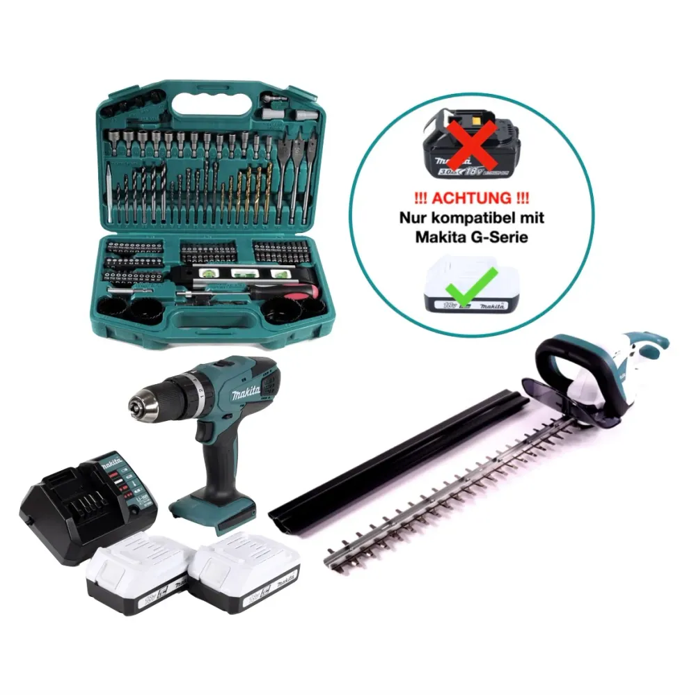 Akumulatorowa wiertarko-wkrętarka udarowa Makita HP 457 DWE 18 V + akumulatorowe nożyce do żywopłotu UH 522 DZ 18 V 52 cm...