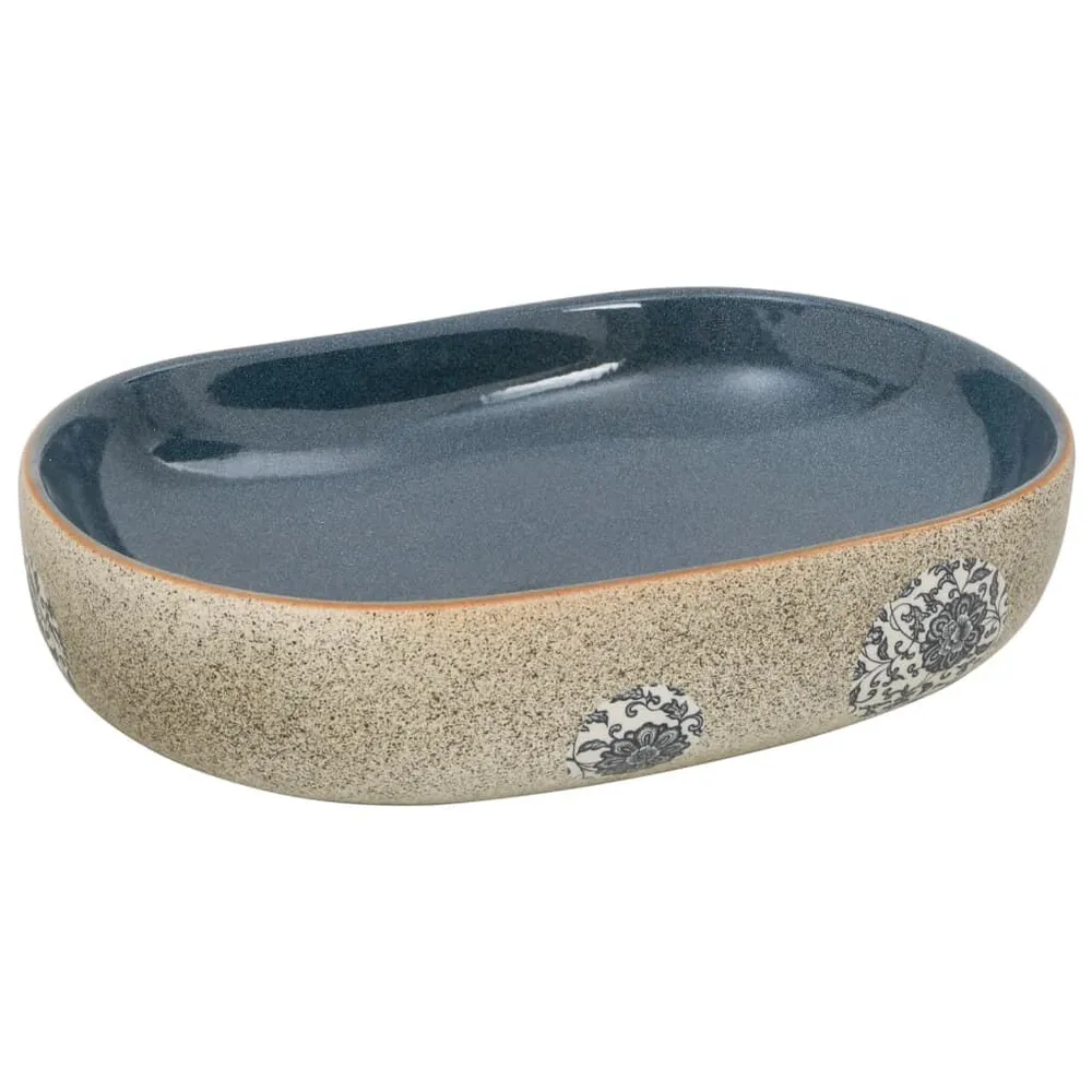 Opzetwasbak ovaal 59x40x14 cm keramiek zandkleurig en blauw