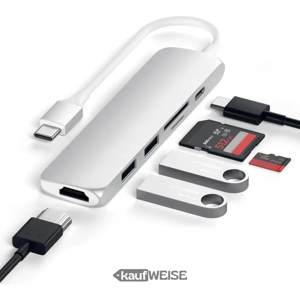 Wieloportowy adapter Satechi V2 Slim USB-C | 4K 60 Hz HDMI i 60 W PD | Srebrny