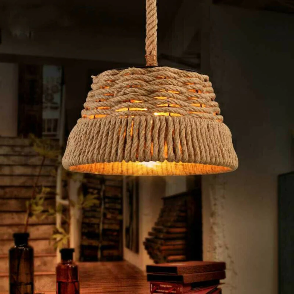 Industrial Hemp Rope Pendant Light Iron Shade ~2714 LEDSone UK Ltd