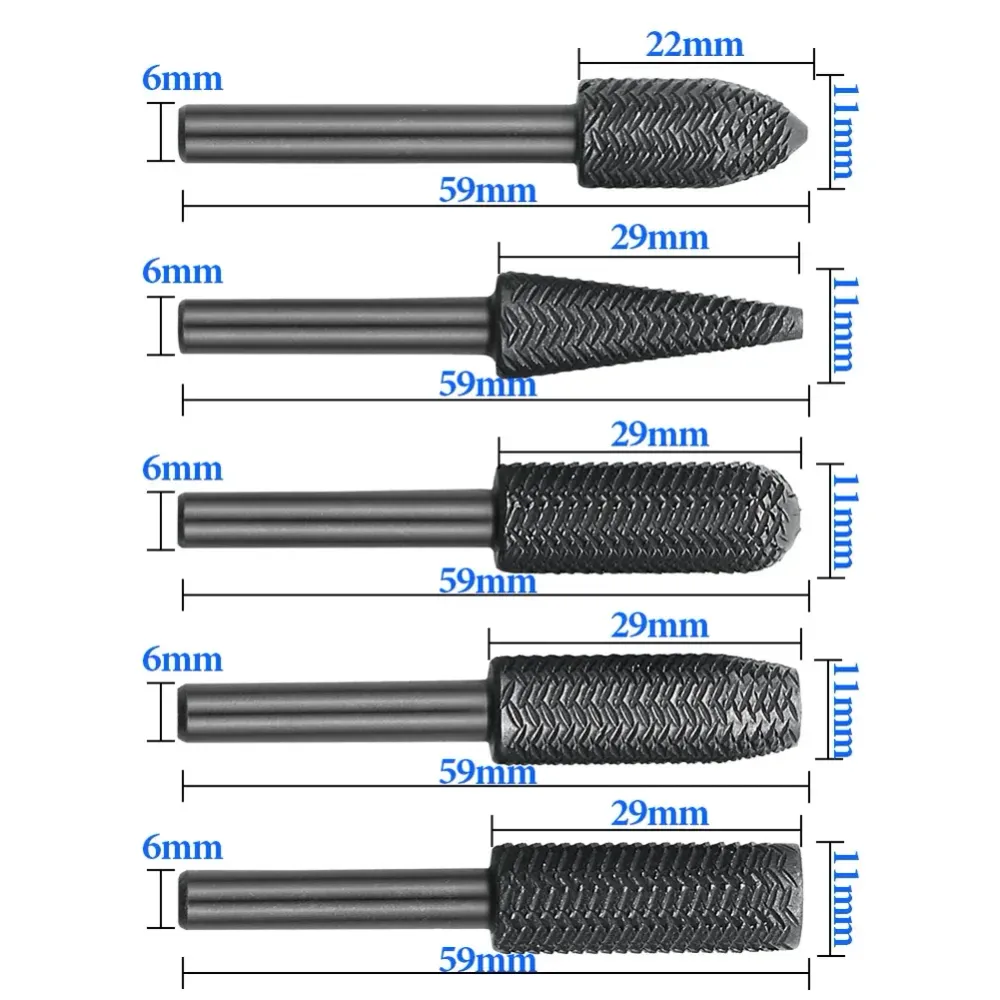 Zestaw 5 pilników obrotowych z trzonkiem stalowym 6 mm - DAZZLEEX, podwójny nóż do metalu i drewna
