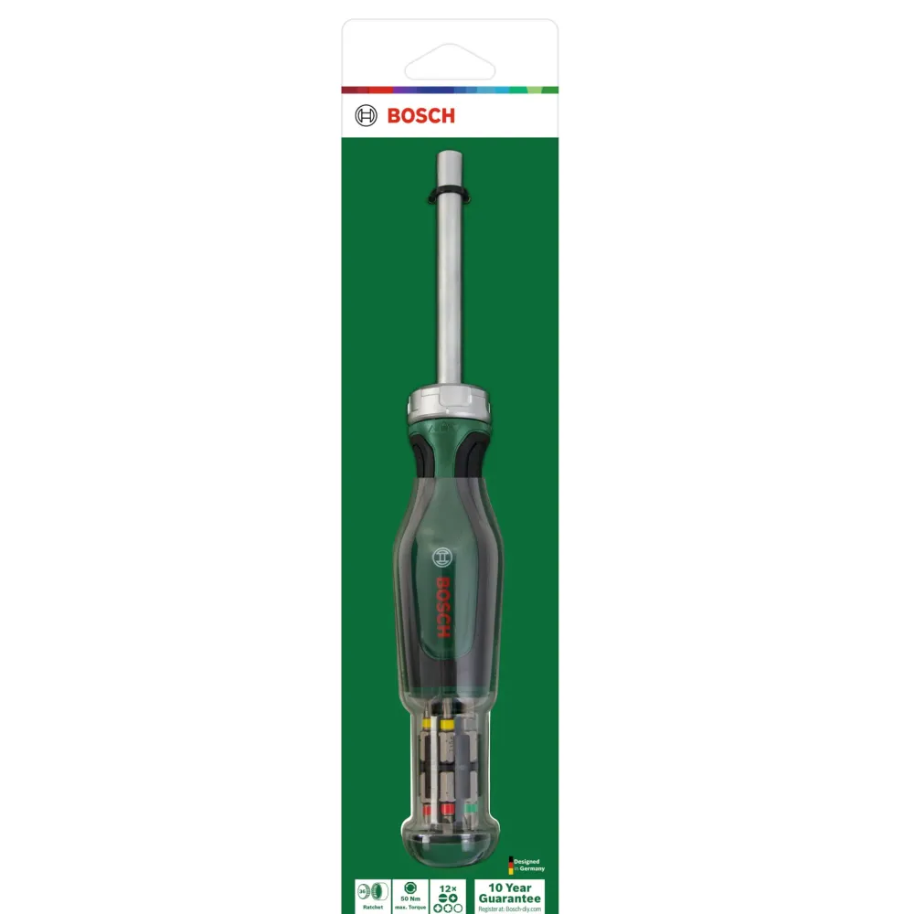 Wkrętak z grzechotką Bosch + 12 bitów ( 1600A032V0 ) PH / PZ / SL / TX chromowo-wanadowy Bosch Grün