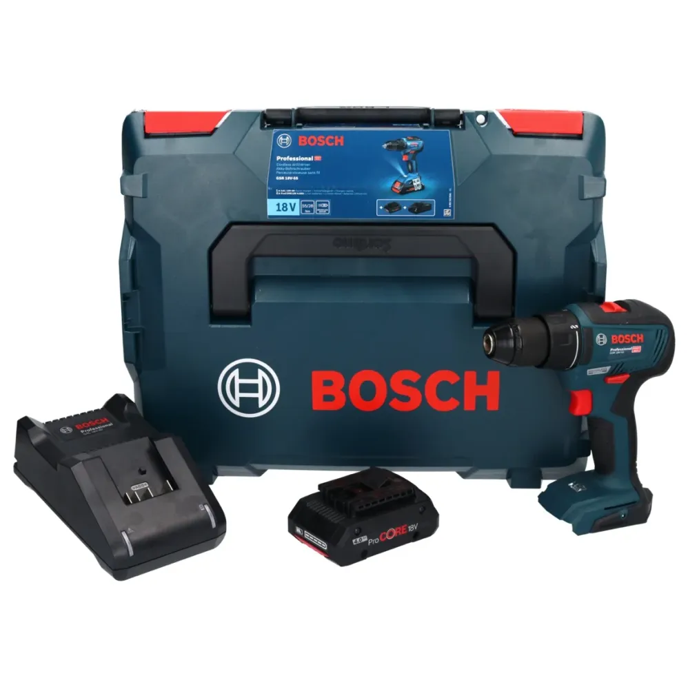 Akumulatorowa wiertarko-wkrętarka Bosch GSR 18V-55 18 V 55 Nm bezszczotkowa + 1x akumulator ProCORE 4,0 Ah + ładowarka + L...