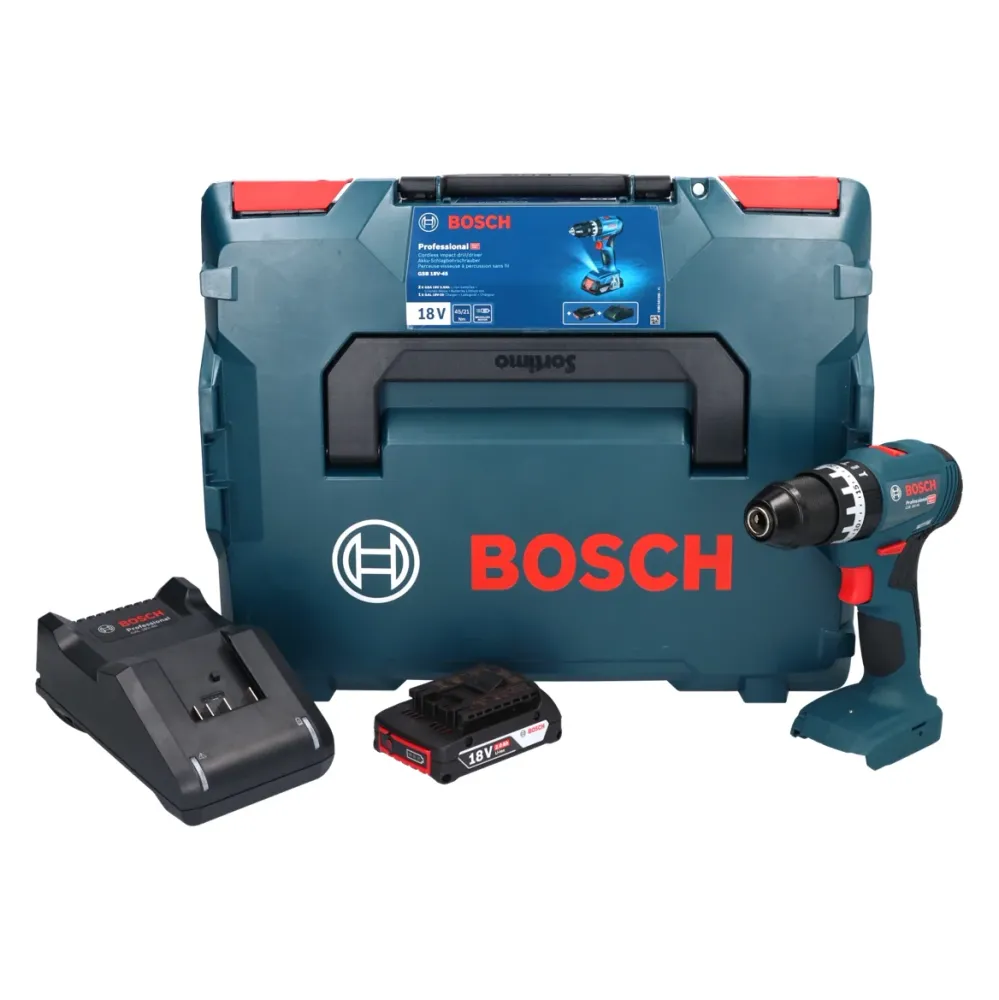 Akumulatorowa wiertarko-wkrętarka udarowa Bosch GSB 18V-45 18 V 45 Nm bezszczotkowa + 1x akumulator 2,0 Ah + ładowarka + L...