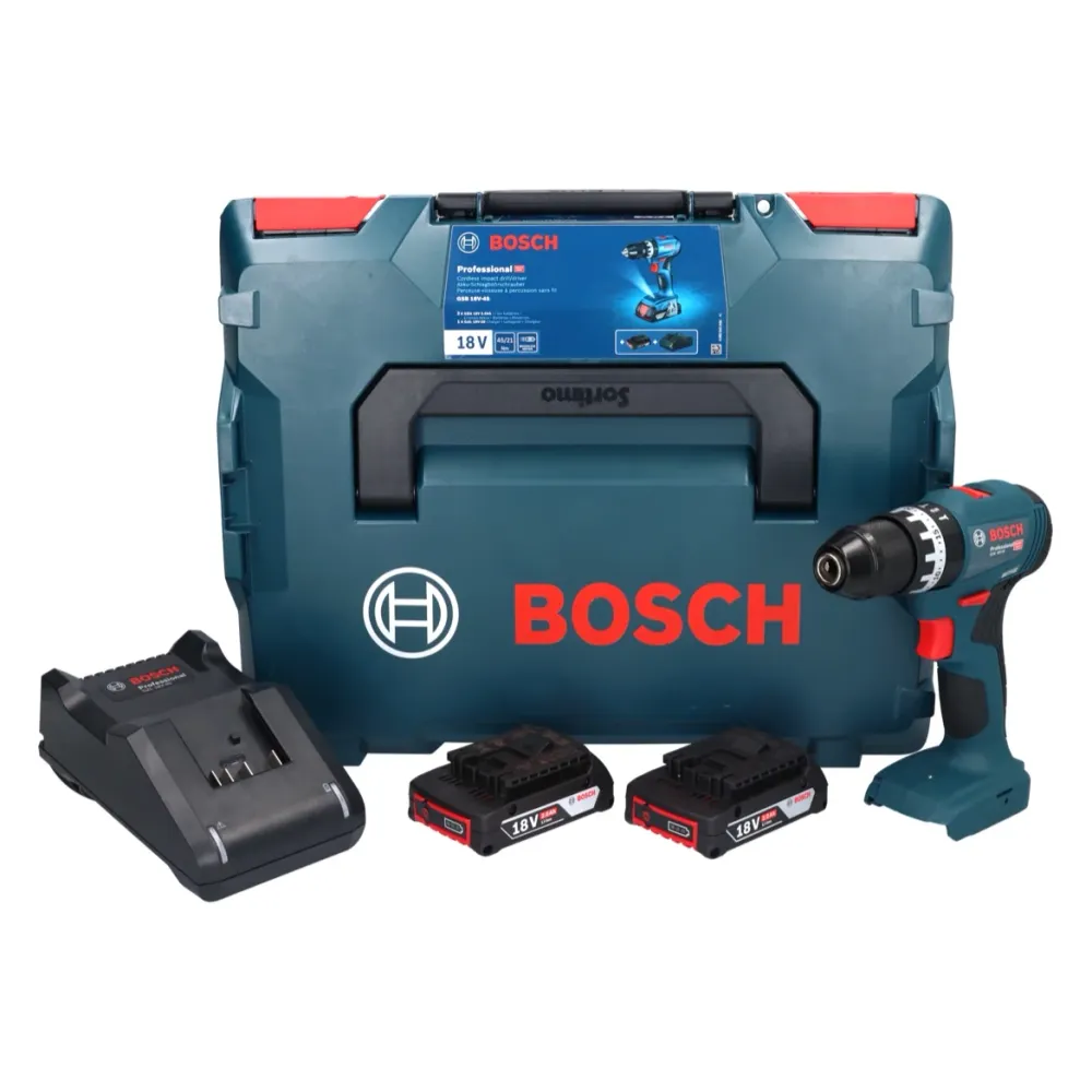 Akumulatorowa wiertarko-wkrętarka udarowa Bosch GSB 18V-45 18 V 45 Nm bezszczotkowa + 2x akumulator 2,0 Ah + ładowarka + L...