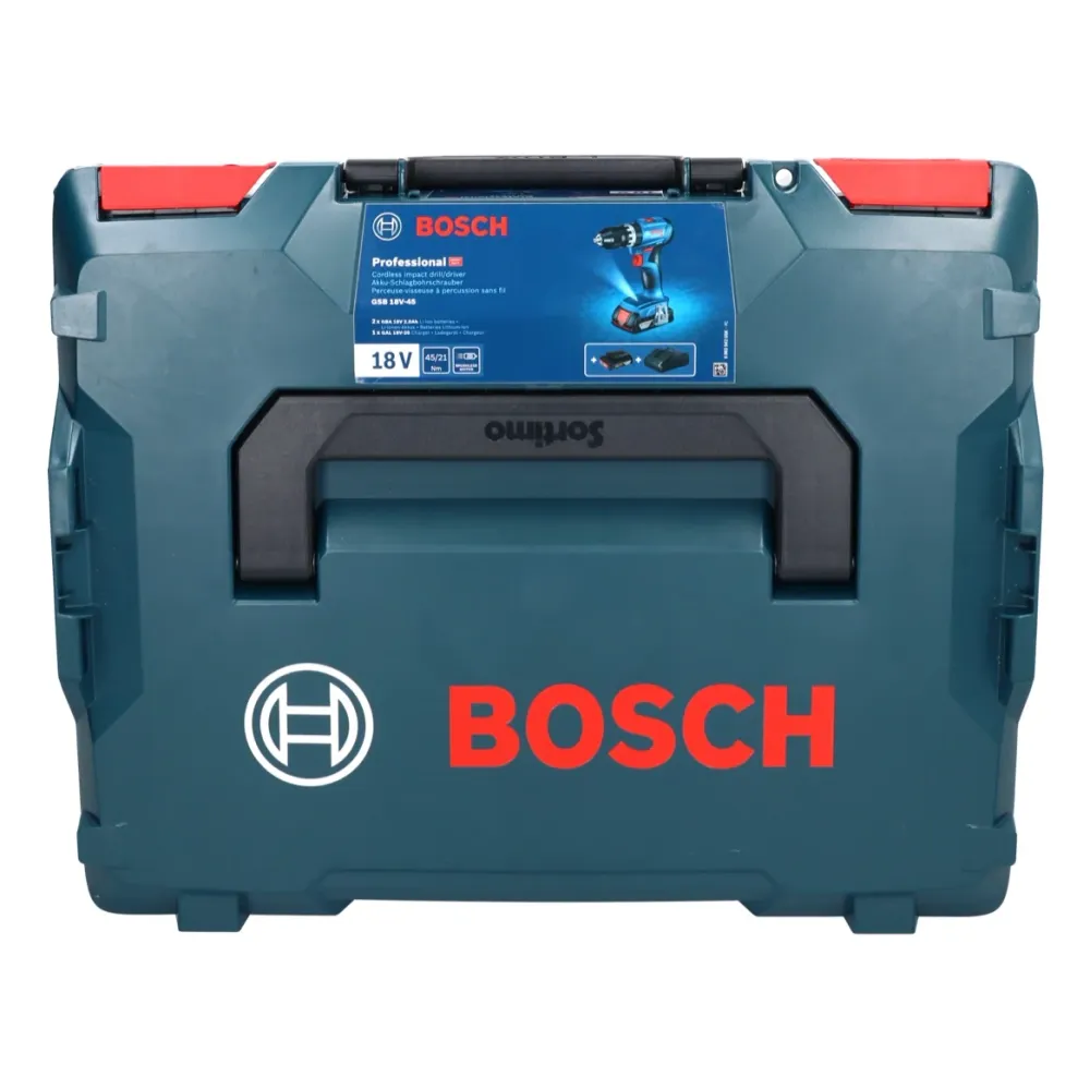 Akumulatorowa wiertarko-wkrętarka udarowa Bosch GSB 18V-45 18 V 45 Nm bezszczotkowa + 2x akumulator 2,0 Ah + ładowarka + L...