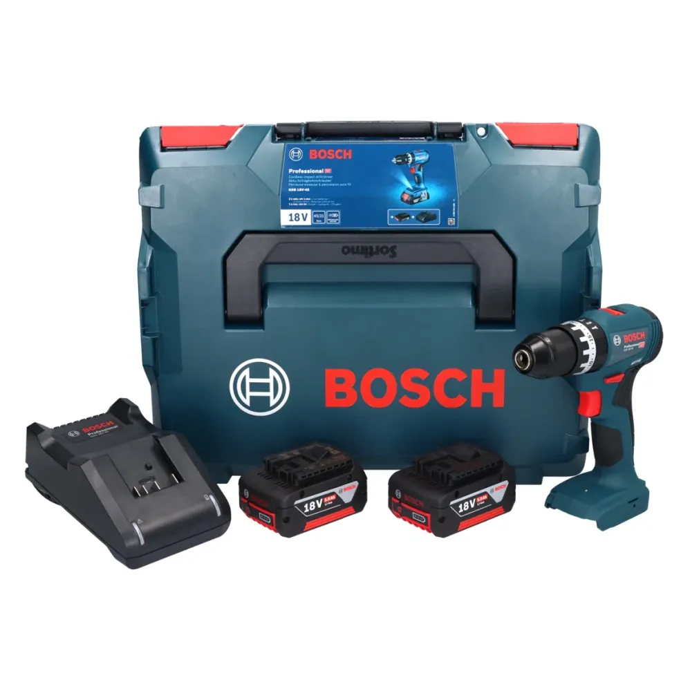Akumulatorowa wiertarko-wkrętarka udarowa Bosch GSB 18V-45 18 V 45 Nm bezszczotkowa + 2x akumulator 5,0 Ah + ładowarka + L...