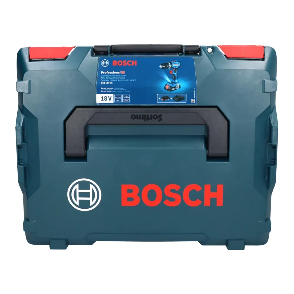Akumulatorowa wiertarko-wkrętarka udarowa Bosch GSB 18V-45 18 V 45 Nm bezszczotkowa + 2x akumulator 5,0 Ah + ładowarka + L...