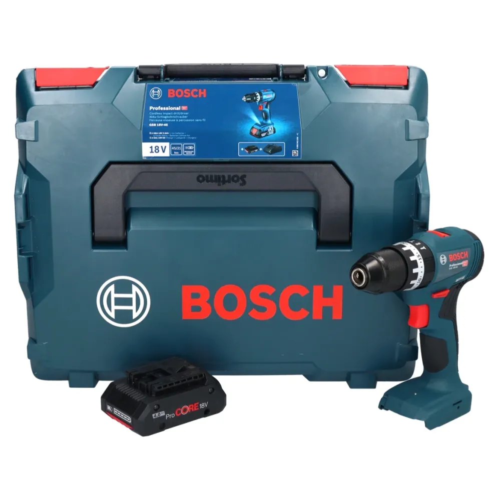 Akumulatorowa wiertarko-wkrętarka udarowa Bosch GSB 18V-45 18 V 45 Nm bezszczotkowa + 1x akumulator ProCORE 4,0 Ah + L-Box...