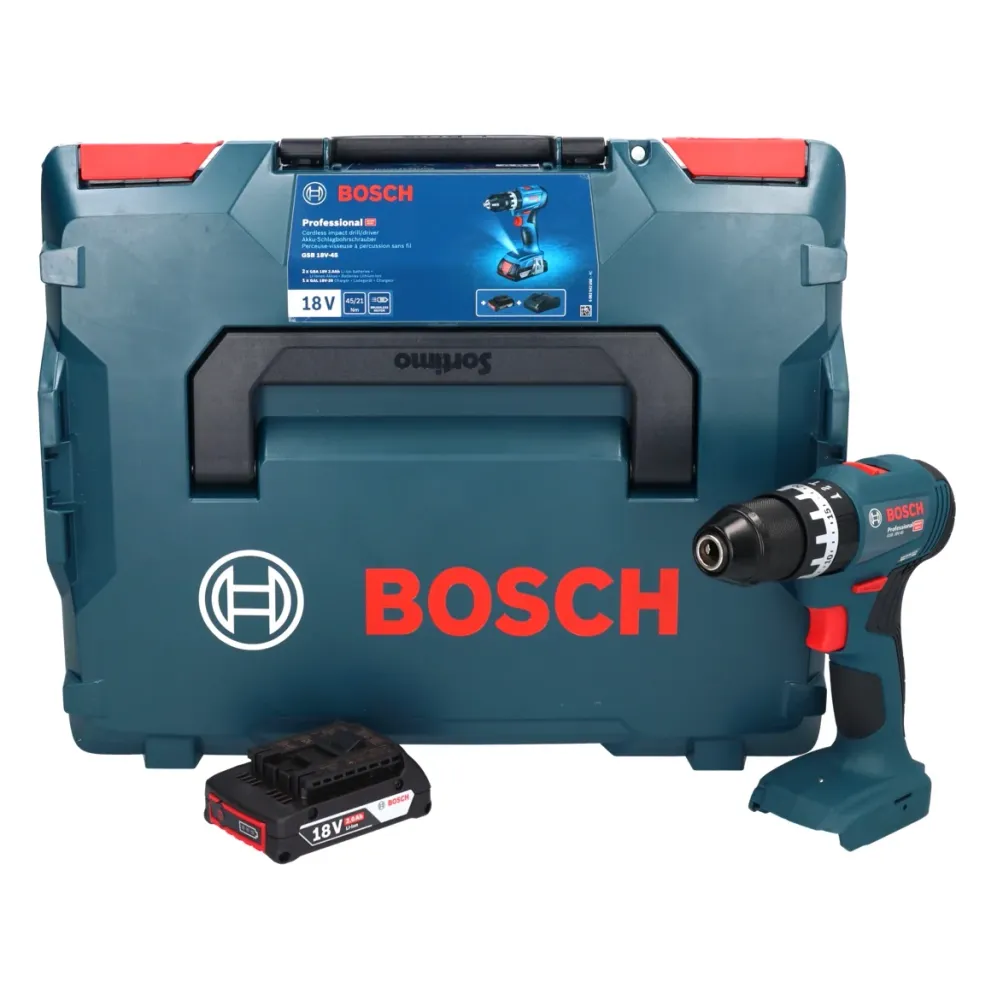 Akumulatorowa wiertarko-wkrętarka udarowa Bosch GSB 18V-45 18 V 45 Nm bezszczotkowa + 1x akumulator 2,0 Ah + L-Boxx - bez...