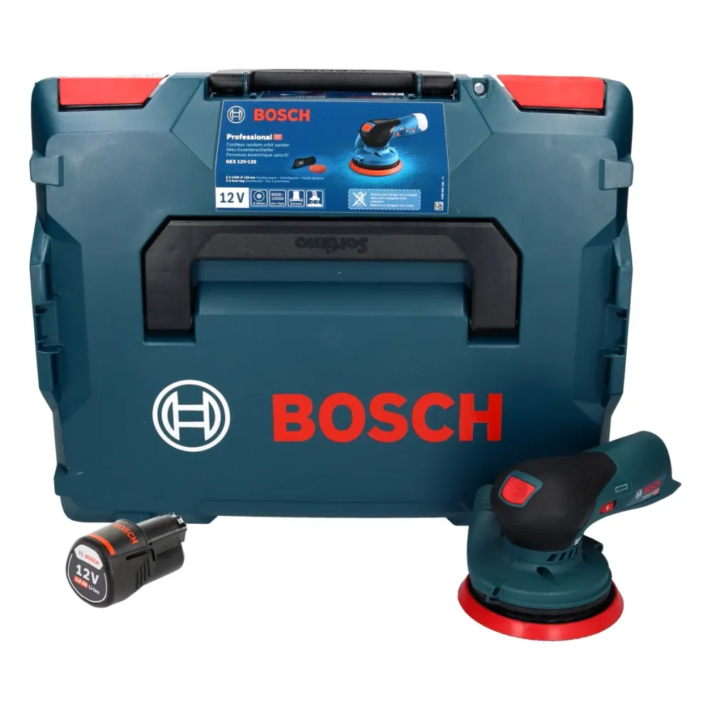 Bosch GEX 12V-125 Profesjonalna akumulatorowa szlifierka oscylacyjna bezszczotkowa 12 V 125 mm + 1x akumulator 3,0 Ah + L-...