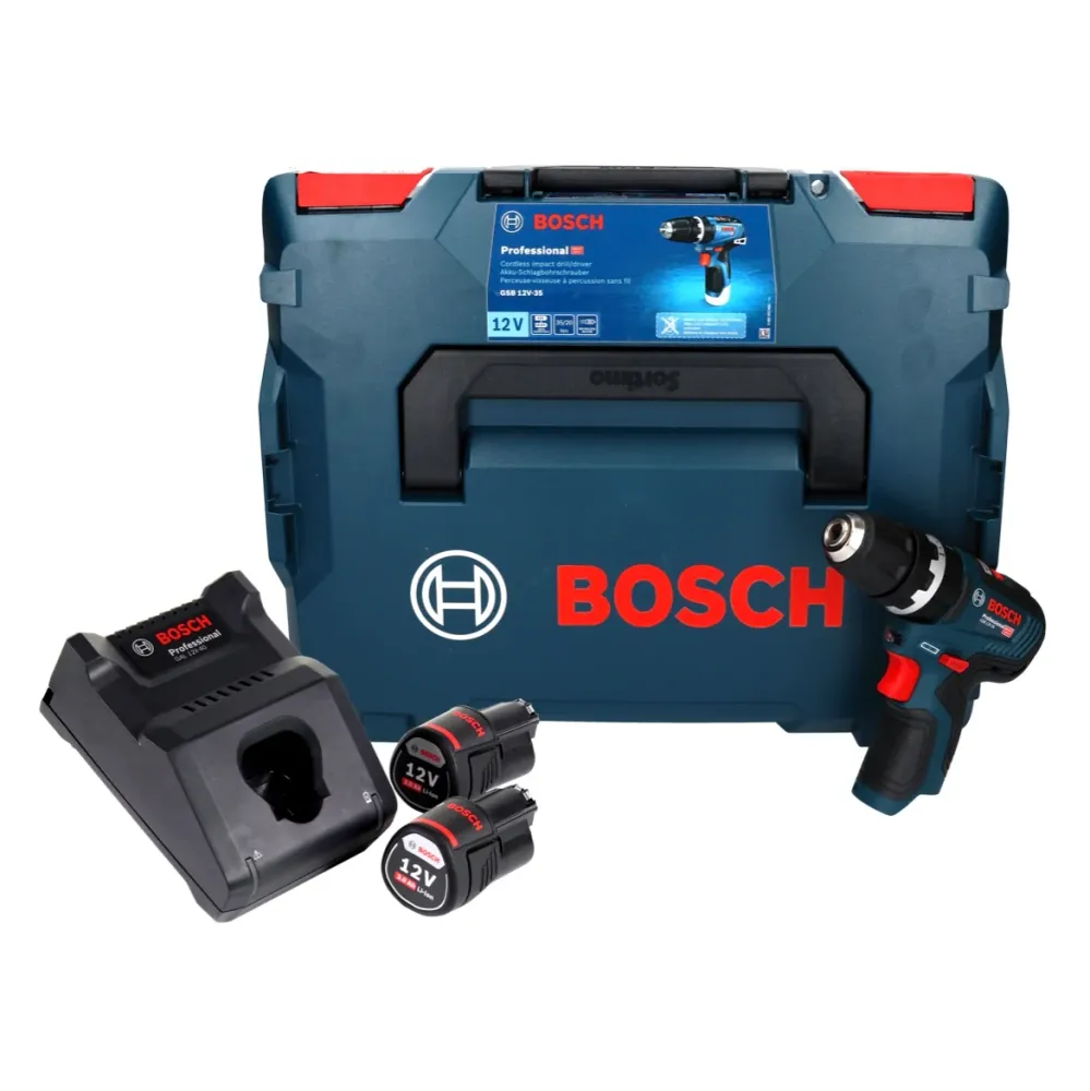 Bosch GSB 12V-35 Profesjonalna akumulatorowa wiertarko-wkrętarka udarowa 12 V 35 Nm bezszczotkowa + 2x akumulator 3,0 Ah +...