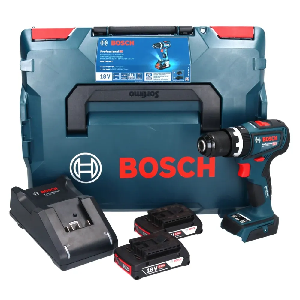 Bosch GSB 18V-90 C Profesjonalna akumulatorowa wiertarko-wkrętarka udarowa 18 V 64 Nm bezszczotkowa + 2x akumulator 2,0 Ah...