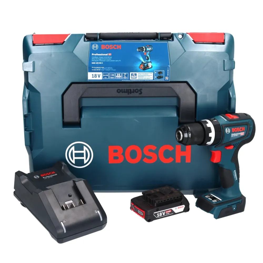 Bosch GSB 18V-90 C Profesjonalna akumulatorowa wiertarko-wkrętarka udarowa 18 V 64 Nm bezszczotkowa + 1x akumulator 2,0 Ah...