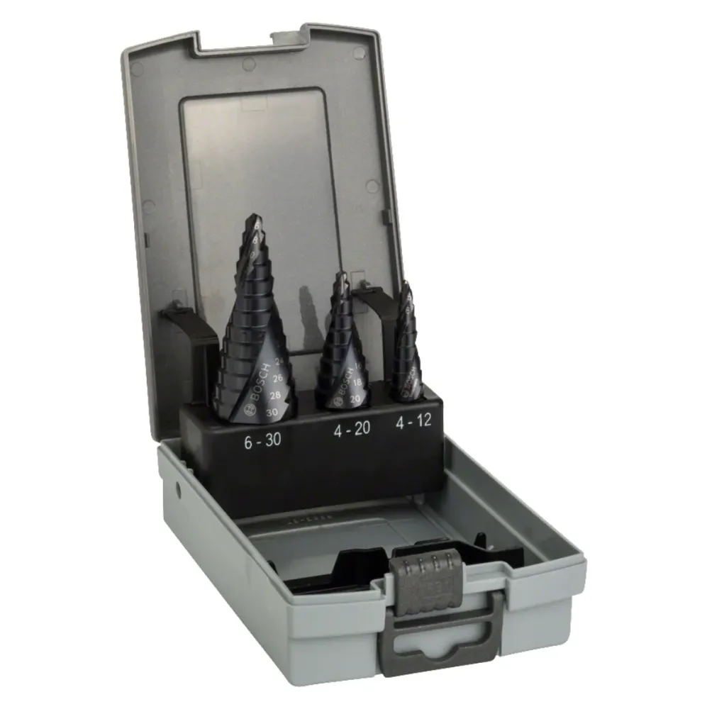 Zestaw wierteł stopniowych Bosch HSS-AlTiN 4 - 12 / 4 - 20 / 6 - 30 mm 3 szt. ( 2608588069 ) Chwyt 3-czołowy Bosch Profess...