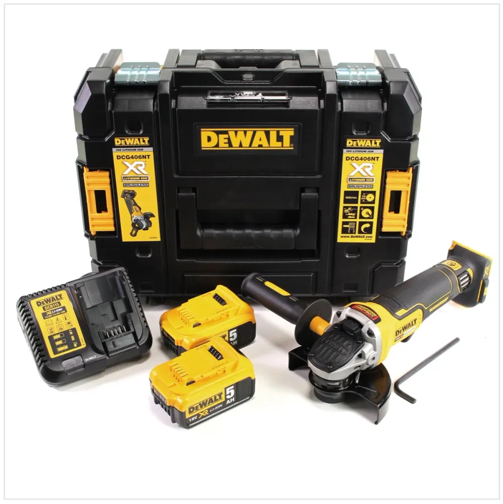 Akumulatorowa szlifierka kątowa DeWalt DCG 406 P2 18V 125mm bezszczotkowa + 2x akumulator 5.0Ah + ładowarka + TSTAK