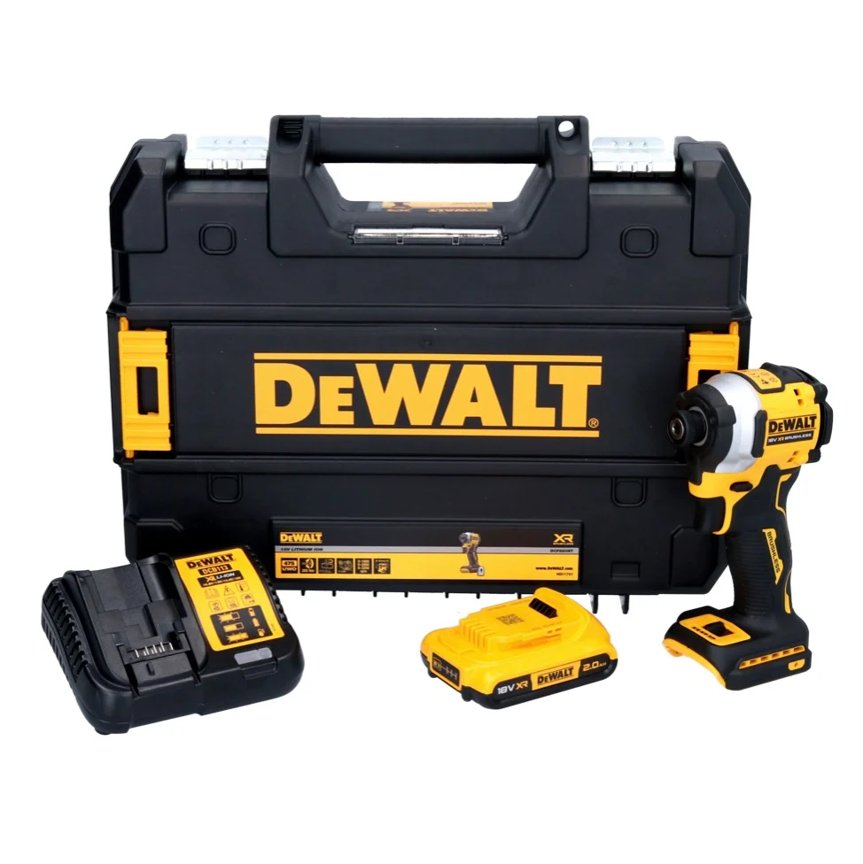 Akumulatorowy klucz udarowy DeWalt DCF 850 D1 18 V 205 Nm 1/4" bezszczotkowy - 1x akumulator 2,0 Ah + ładowarka + TSTAK