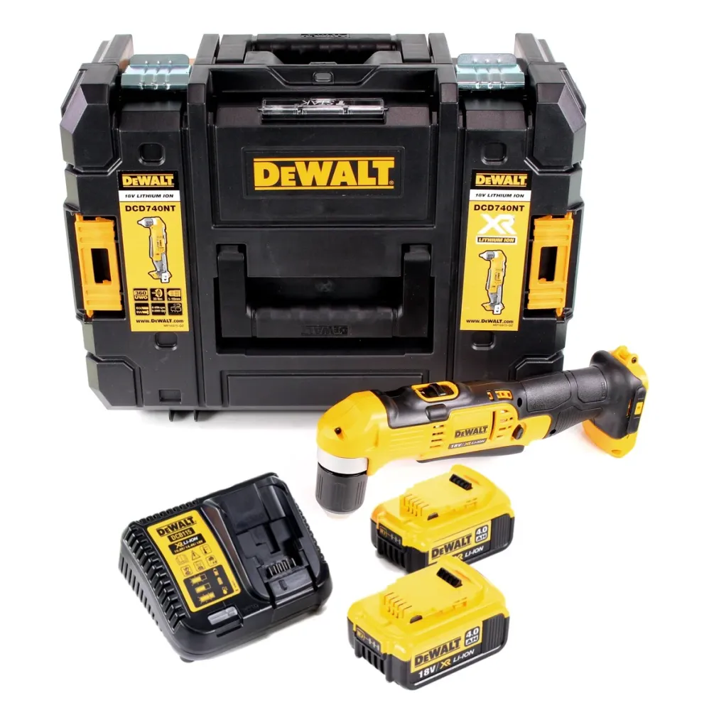 Wiertarka kątowa akumulatorowa Dewalt DCD 740 M2 + 2 akumulatory 4,0 Ah + szybka ładowarka + TSTAK