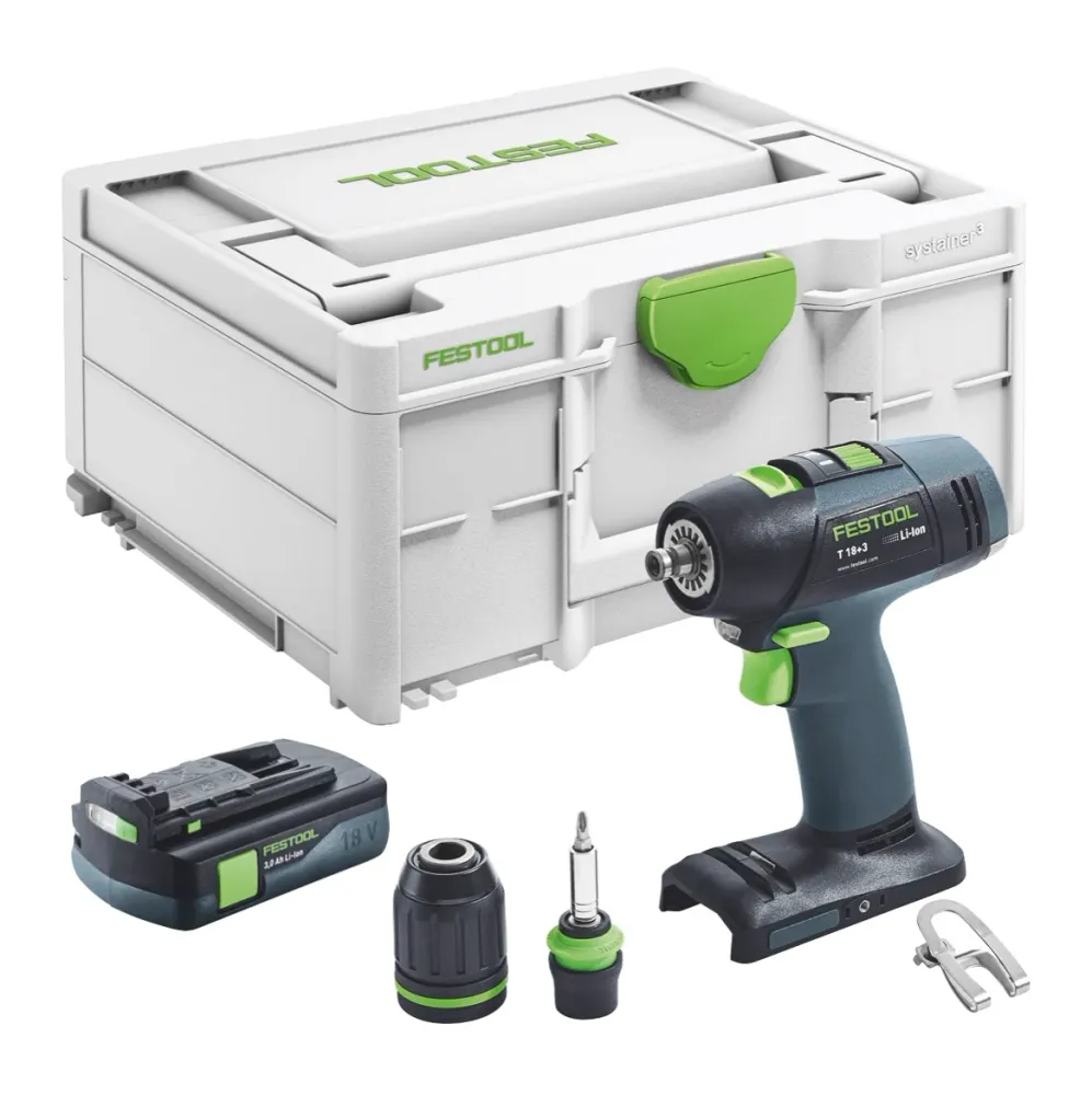 Festool T 18+3 Basic akumulatorowa wiertarko-wkrętarka 18 V 50 Nm bezszczotkowa + 1x akumulator 3,0 Ah + ładowarka - bez ł...