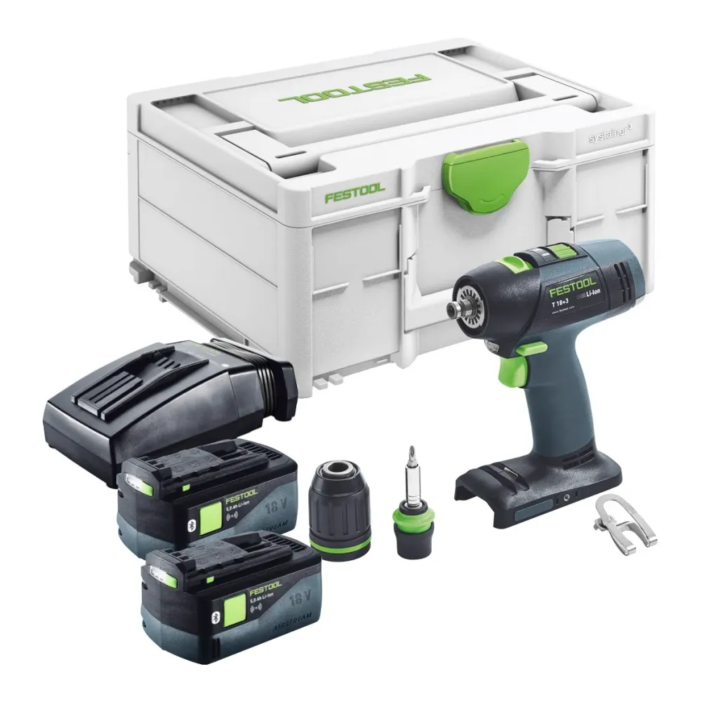 Festool T 18+3 Basic akumulatorowa wiertarko-wkrętarka 18 V 50 Nm bezszczotkowa + 2x akumulator 5,0 Ah + ładowarka + systa...