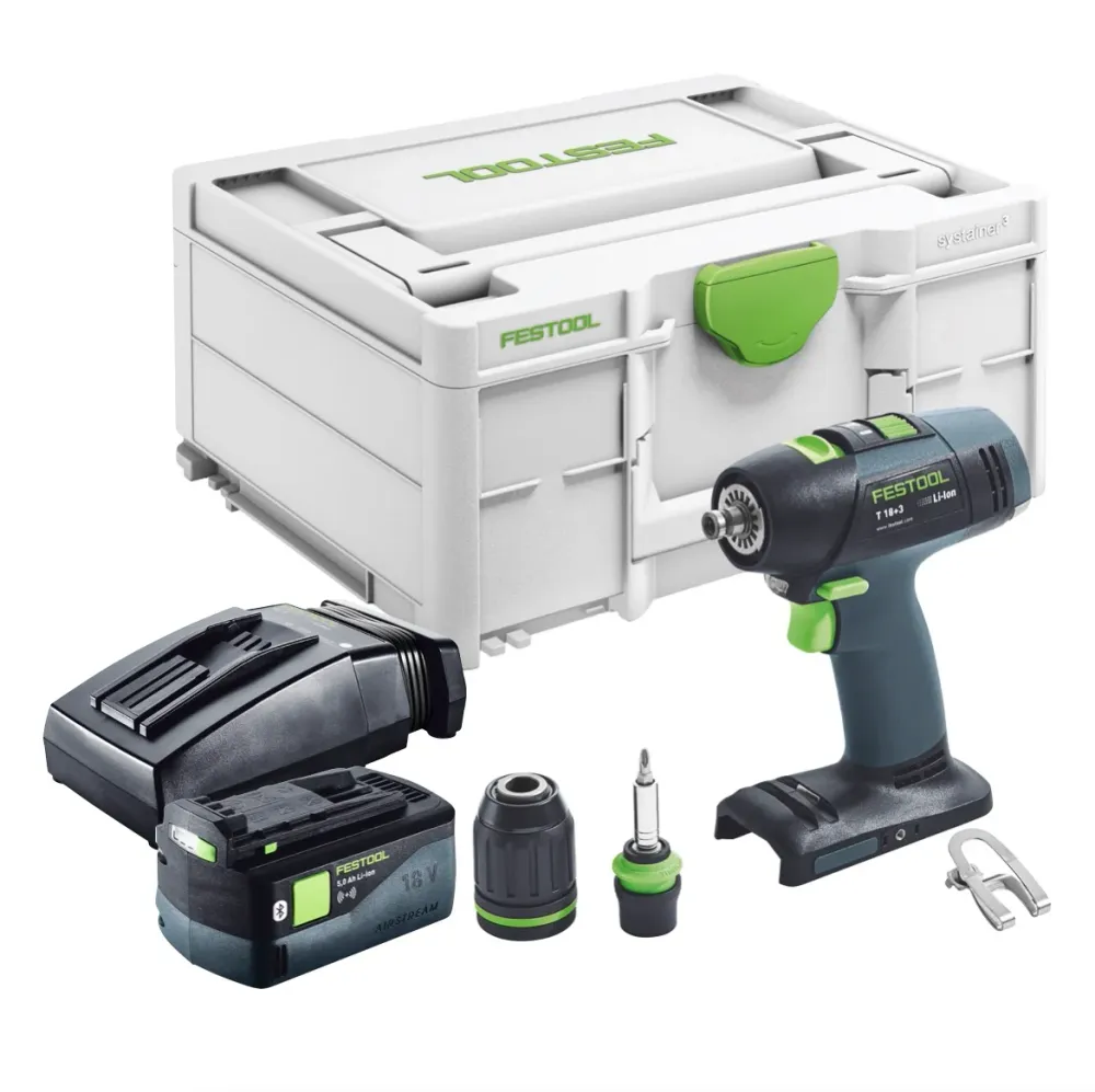 Festool T 18+3 Basic akumulatorowa wiertarko-wkrętarka 18 V 50 Nm bezszczotkowa + 1x akumulator 5,0 Ah + ładowarka + systa...