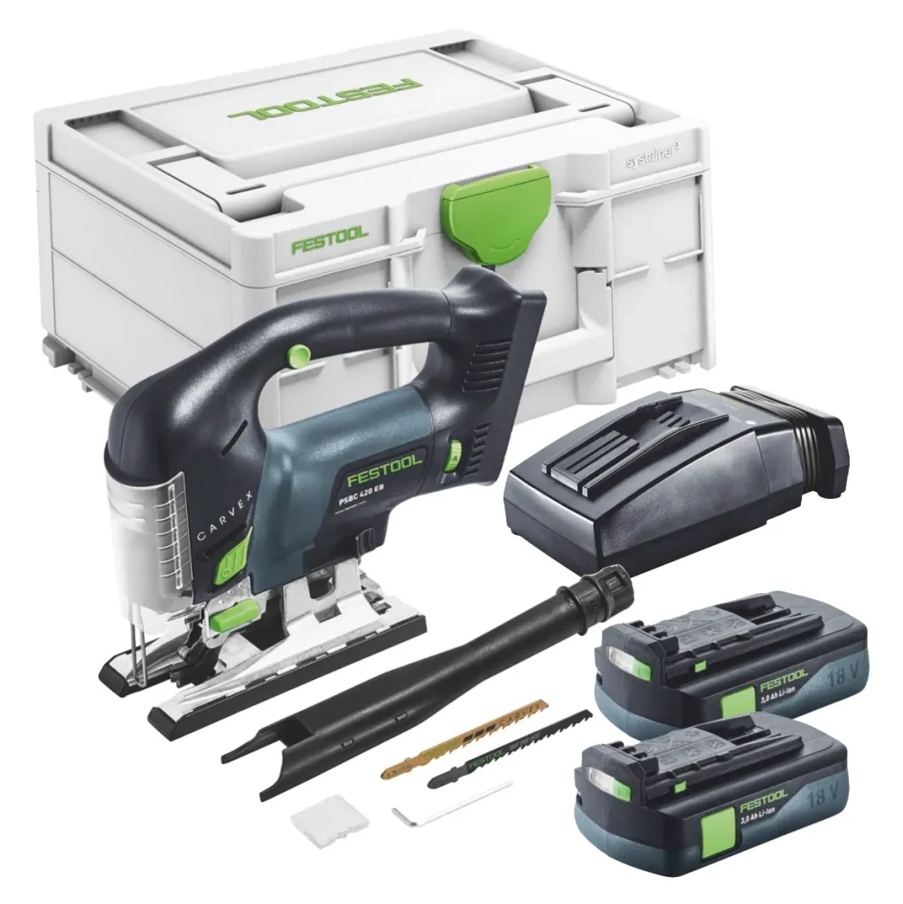 Festool CARVEX PSBC 420-Basic akumulatorowa wyrzynarka wahadłowa 18 V 120 mm bezszczotkowa + 2x akumulator 3,0 Ah + ładowa...