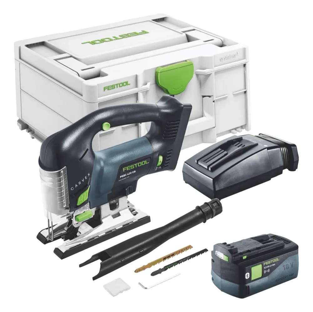 Festool CARVEX PSBC 420-Basic akumulatorowa wyrzynarka wahadłowa 18 V 120 mm bezszczotkowa + 1x akumulator 5,0 Ah + ładowa...