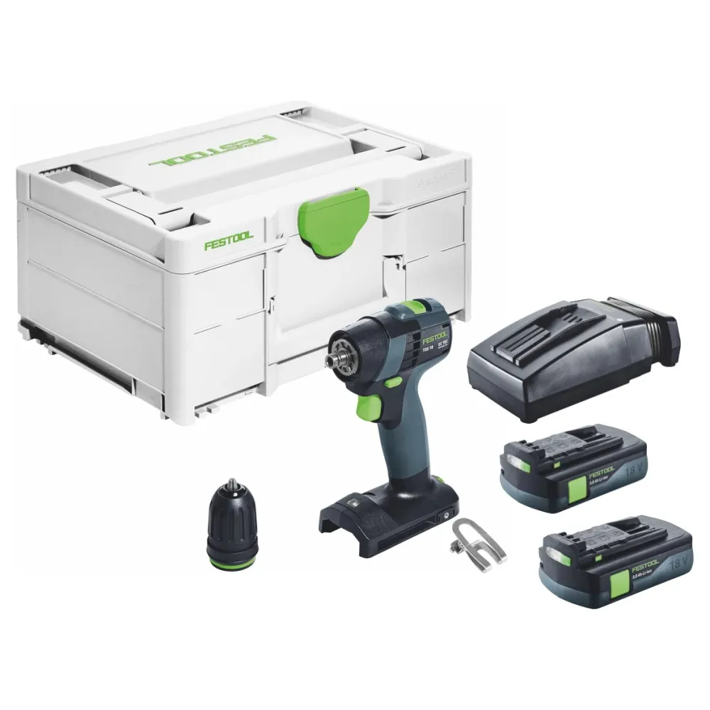 Festool TXS 18-Basic akumulatorowa wiertarko-wkrętarka 18 V 40 Nm bezszczotkowa + 2x akumulator 3,0 Ah + ładowarka + systa...