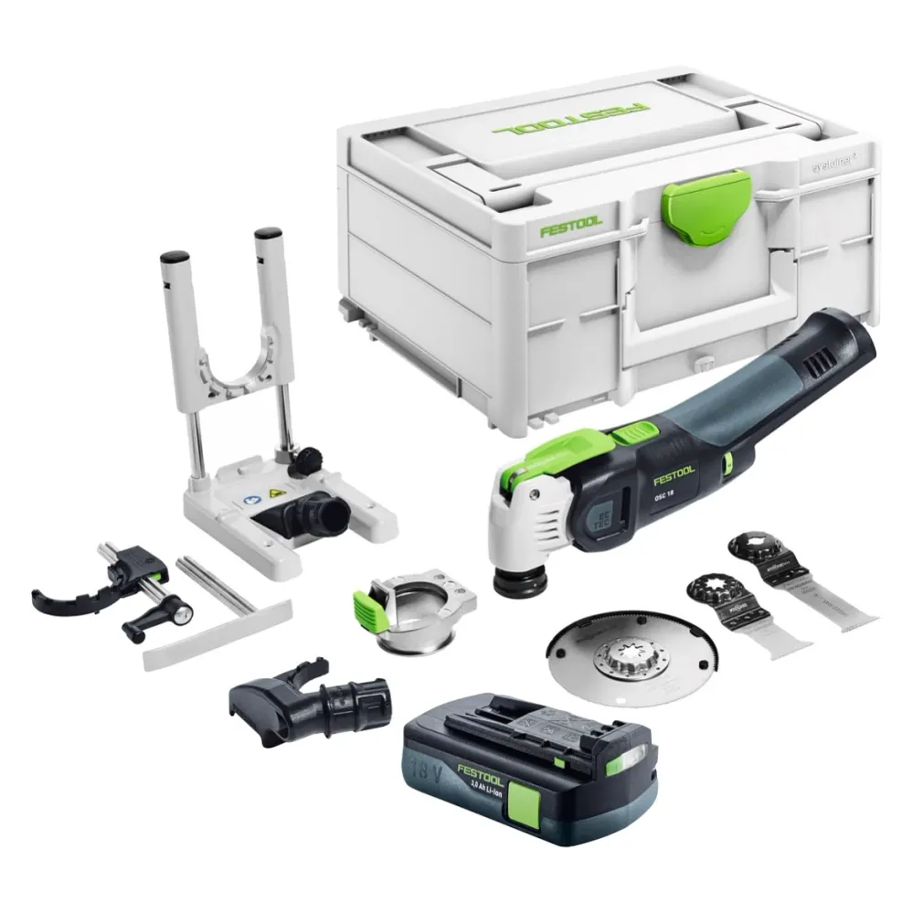 Festool VECTURO OSC 18 E-Basic Set oscylator akumulatorowy 18 V Starlock Max Brushless + 1x akumulator 3,0 Ah + 7-częściow...