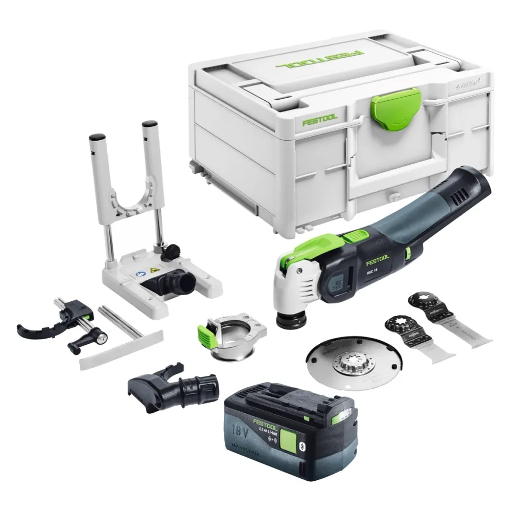 Festool VECTURO OSC 18 E-Basic Set oscylator akumulatorowy 18 V Starlock Max Brushless + 1x akumulator 5,0 Ah + 7-częściow...