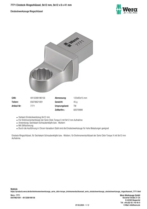 Klucz płasko-oczkowy Wera 7771 ( 8000377411 ) Szerokość między płaskownikami 8 mm 9 x 12 mm