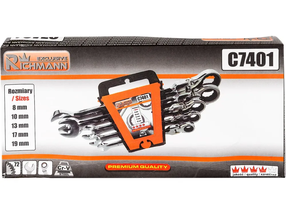 Klucze płasko-oczkowe z grzechotką, łamane, 8-19 mm zestaw 5 el. | C7401