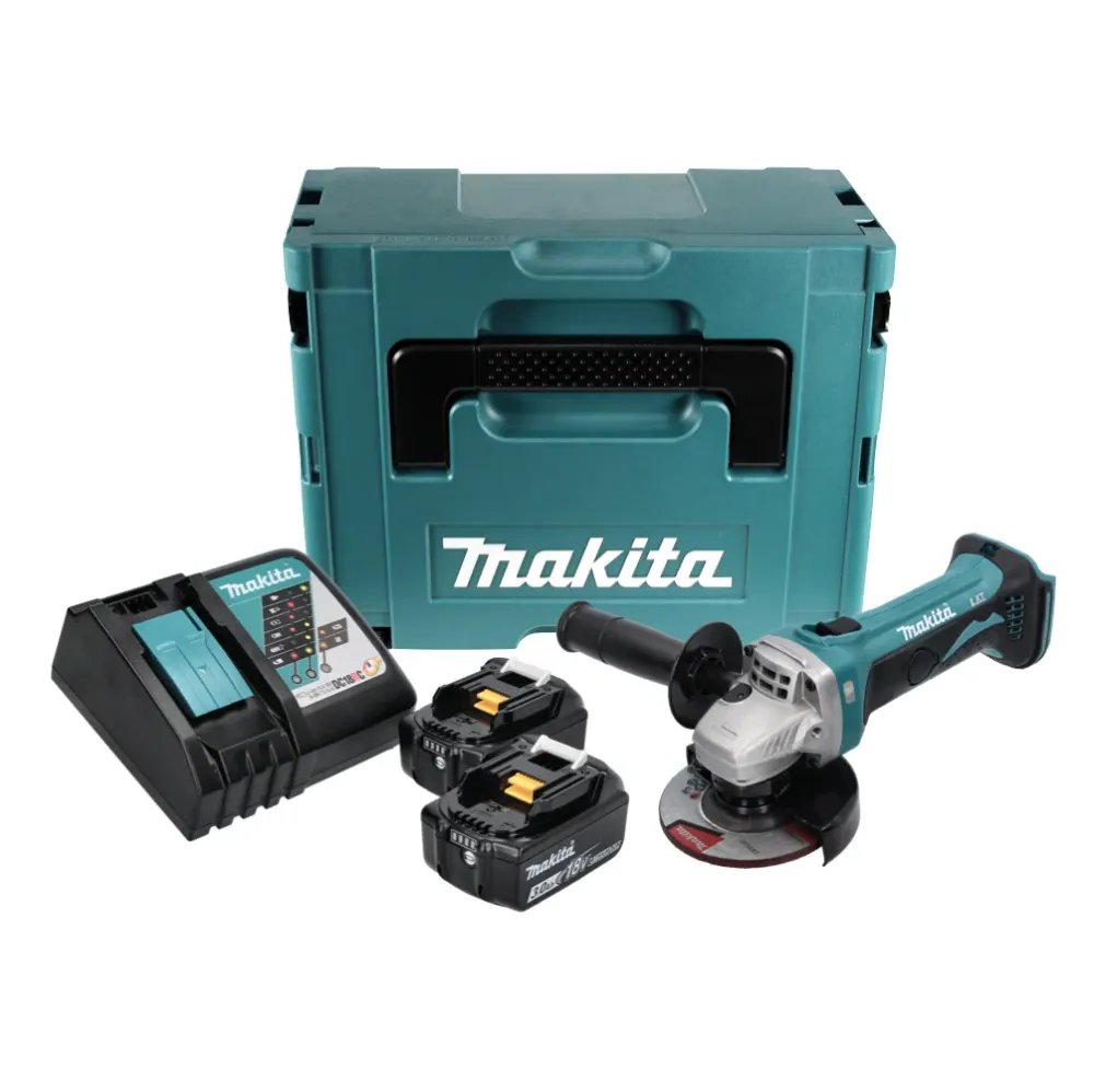 Akumulatorowa szlifierka kątowa Makita DGA 452 RFJ 18 V 115 mm + 2x akumulator 3,0 Ah + ładowarka + Makpac