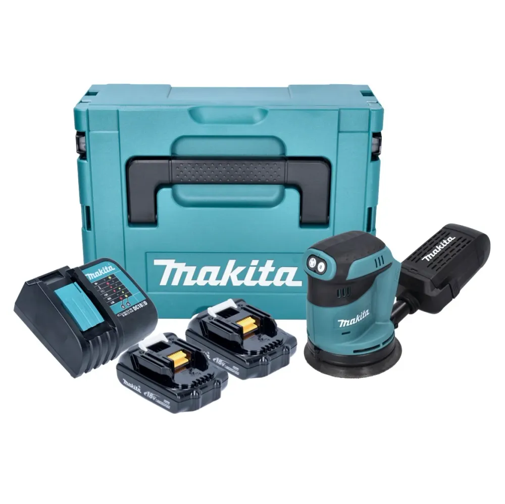 Akumulatorowa szlifierka mimośrodowa Makita DBO 180 SYJ 18 V 125 mm + 2x akumulator 1,5 Ah + ładowarka + Makpac