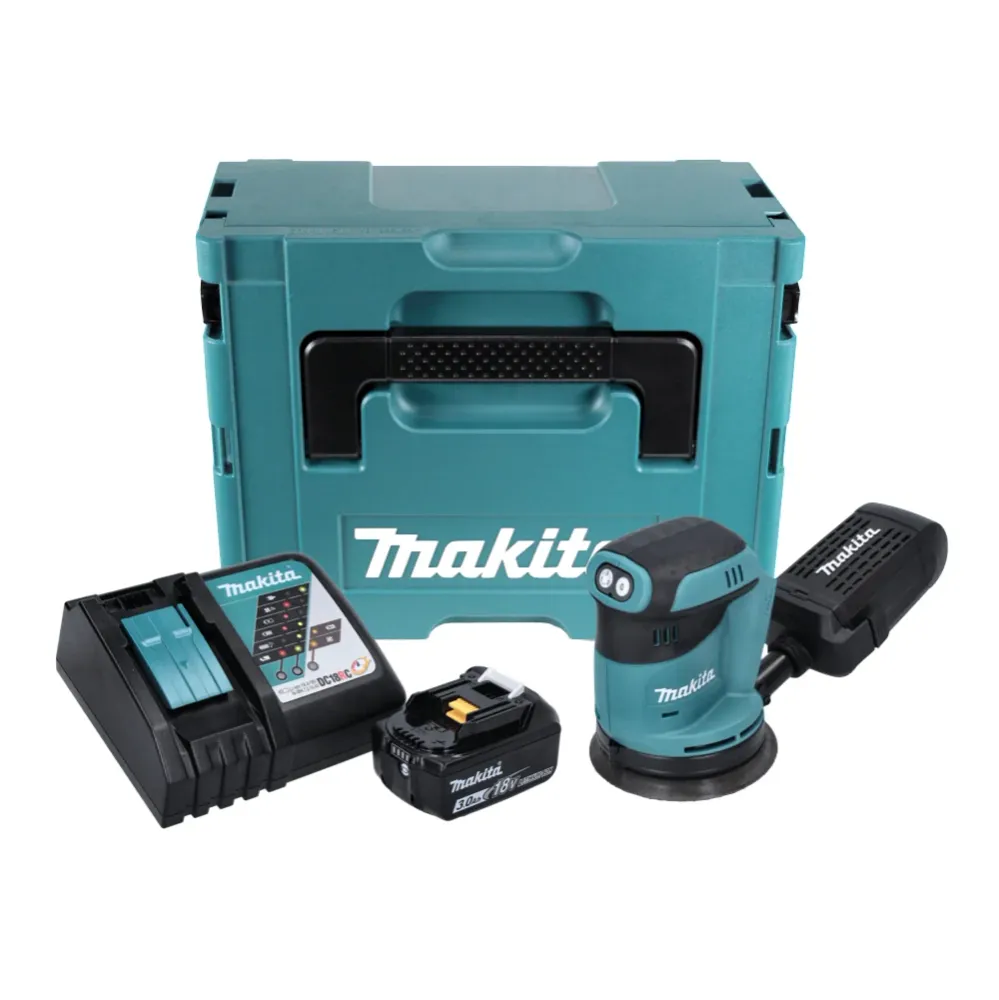 Akumulatorowa szlifierka oscylacyjna mimośrodowa Makita DBO 180 RF1J 18 V 125 mm + 1x akumulator 3,0 Ah + ładowarka + wali...