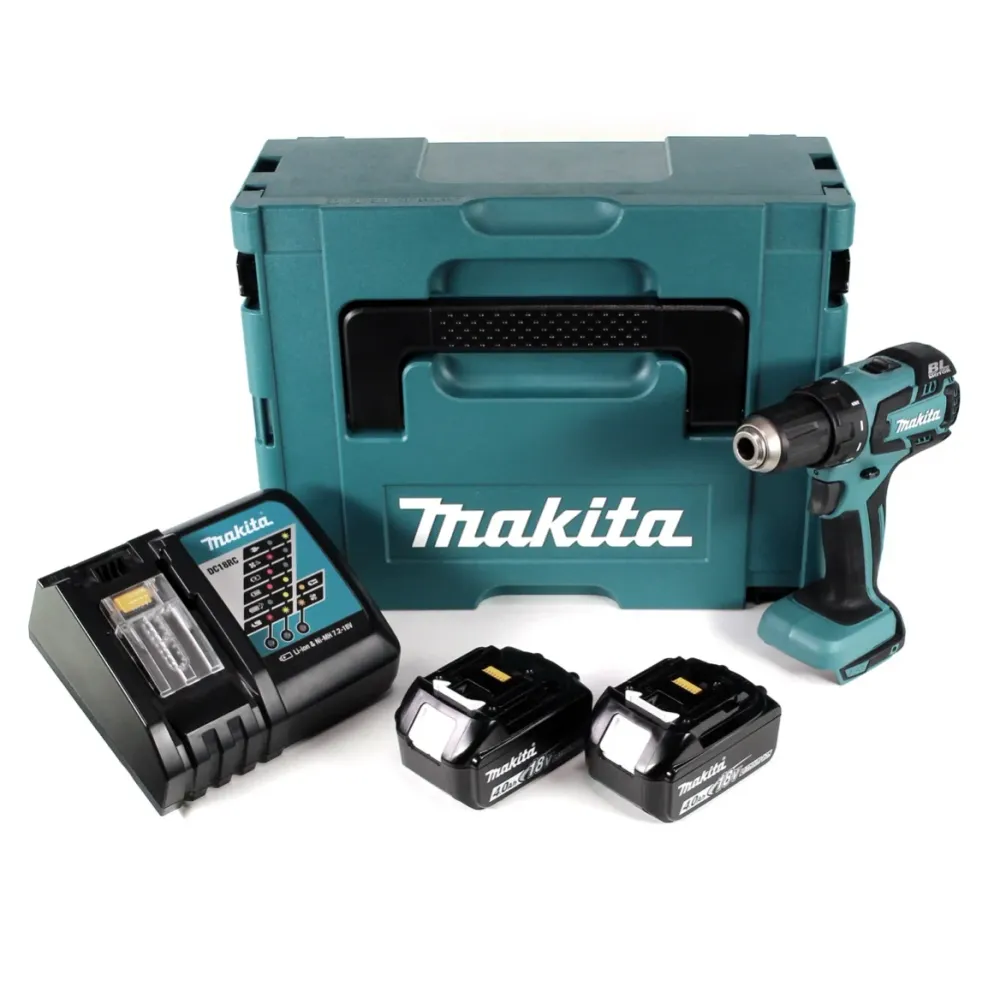 Akumulatorowa wiertarko-wkrętarka Makita DDF 459 RMJ 18V 45Nm w zestawie Makpac + 2x akumulator 4,0 Ah + ładowarka